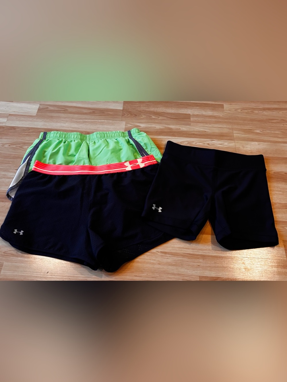 Under Armour Black Shorts with Neon Green and Coral Waistband Bundle